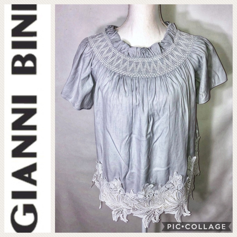 Gianni Bini Lace Bottom Boho Top XS Gray Blouse Shirt